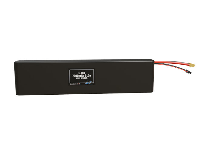 Front-facing render of the 61.2V 7000mAh 17S2P Lithium-Ion battery, assembled in the USA by maxamps, for drone and robotics applications.