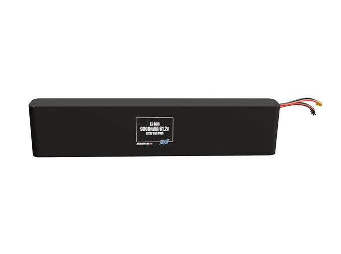 Front-facing render of the 61.2V 9000mAh 17S2P Li-ion battery, assembled in the USA by maxamps, for drone and robotics applications.