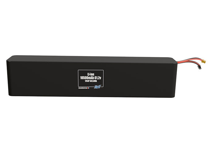 Front-facing render of the 61.2V 10500mAh 17S3P Li-ion battery, assembled in the USA by maxamps, for drone and robotics applications.