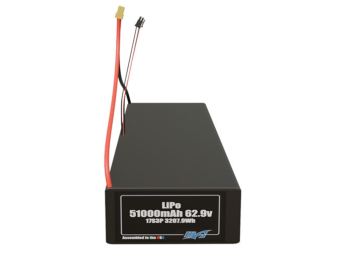 Front-facing render of the 62.9V 51000mAh 17S3P LiPo battery, assembled in the USA by maxamps, for drone and robotics applications.