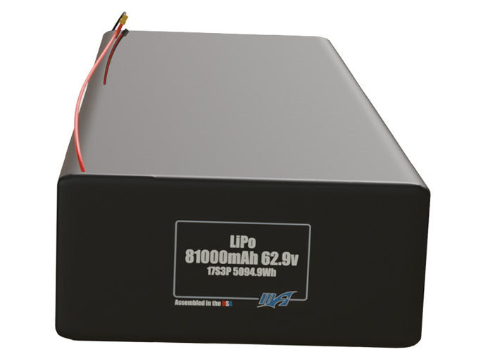 Front-facing render of the 62.9V 81000mAh 17S3P LiPo battery, assembled in the USA by maxamps, for drone and robotics applications.