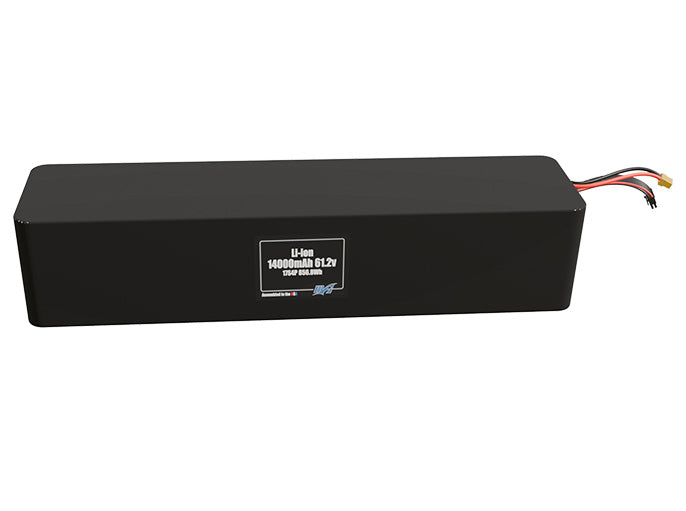 Front-facing render of the 61.2V 14000mAh 17S4P Lithium-Ion battery, assembled in the USA by maxamps, for drone and robotics applications.