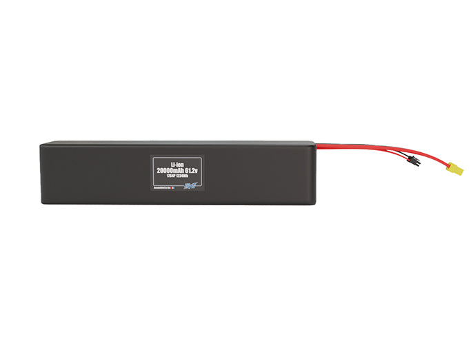 Front-facing render of the 61.2V 20000mAh 17S4P Lithium-Ion battery, assembled in the USA by maxamps, for drone and robotics applications.