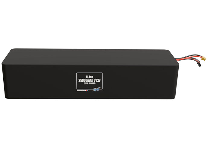 Front-facing render of the 61.2V 25000mAh 17S5P Lithium-Ion battery, assembled in the USA by maxamps, for drone and robotics applications.