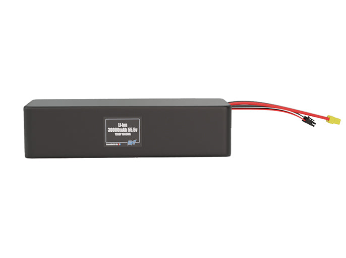 Front-facing render of the 55.5V 30000mAh 15S6P Lithium-Ion battery, assembled in the USA by maxamps, for drone and robotics applications.