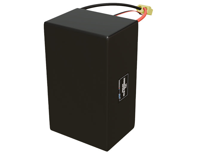 Side-angle render of a 18.5-volt 34000mAh lithium-polymer battery, assembled in the USA for compact UAV, drone, and military robotics platforms.