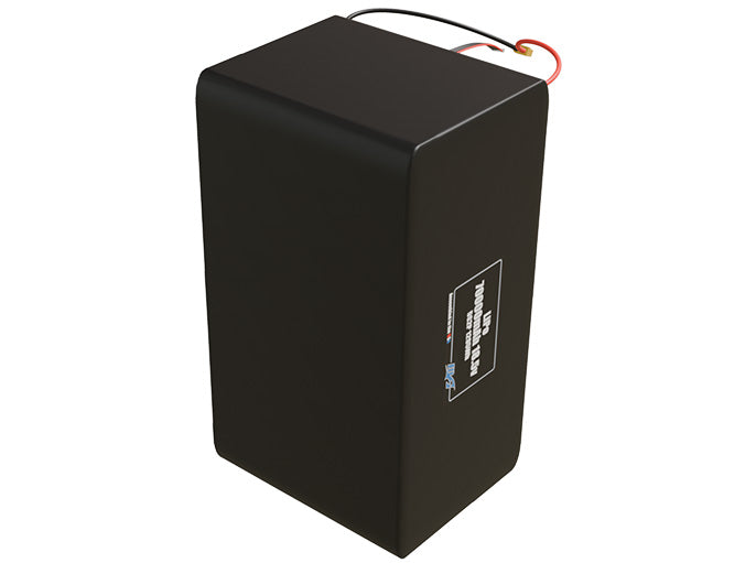Side-angle render of a 18.5-volt 70000mAh lithium-polymer battery, assembled in the USA for compact UAV, drone, and military robotics platforms.