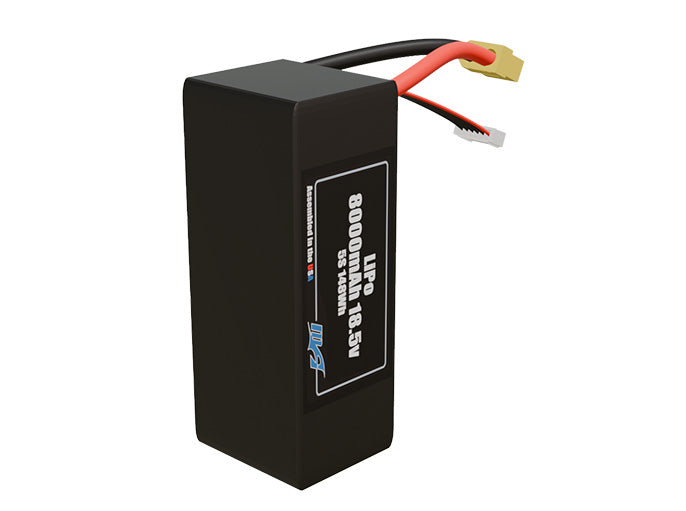 Side-angle render of a 18.5-volt 8000mAh lite lithium-polymer battery, assembled in the USA for compact UAV, drone, and military robotics platforms.