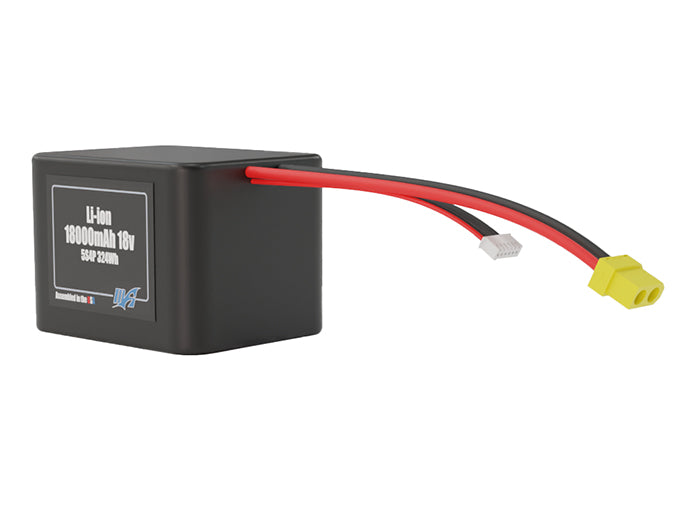Angled product render of the 18000mAh 20-cell Lithium-ion pack. A lightweight energy source for UAV, drone, and robotic builds.