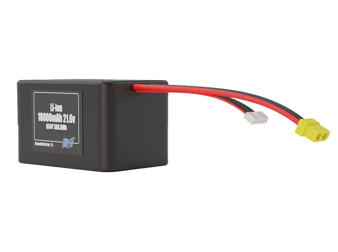 Angled product render of the 18000mAh 24-cell Lithium-ion pack. A lightweight energy source for UAV, drone, and robotic builds.