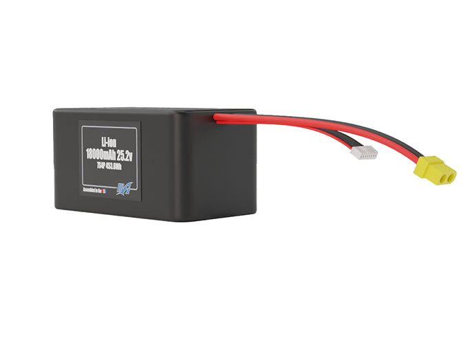 Angled product render of the 18000mAh 28-cell Lithium-ion pack. A lightweight energy source for UAV, drone, and robotic builds.