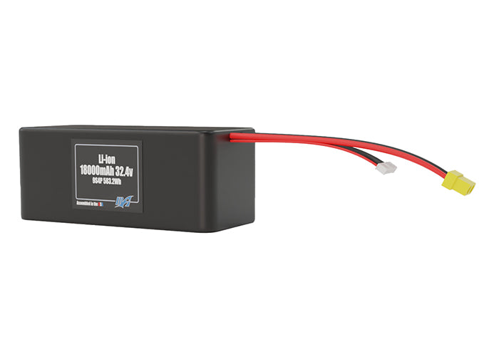 Angled product render of the 18000mAh 36-cell Lithium-ion pack. A lightweight energy source for UAV, drone, and robotic builds.