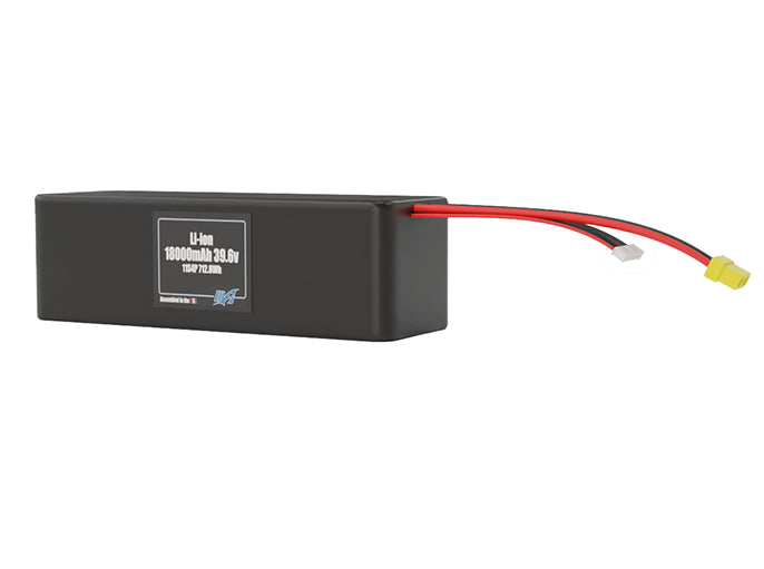 Angled product render of the 18000mAh 44-cell Lithium-ion pack. A lightweight energy source for UAV, drone, and robotic builds.