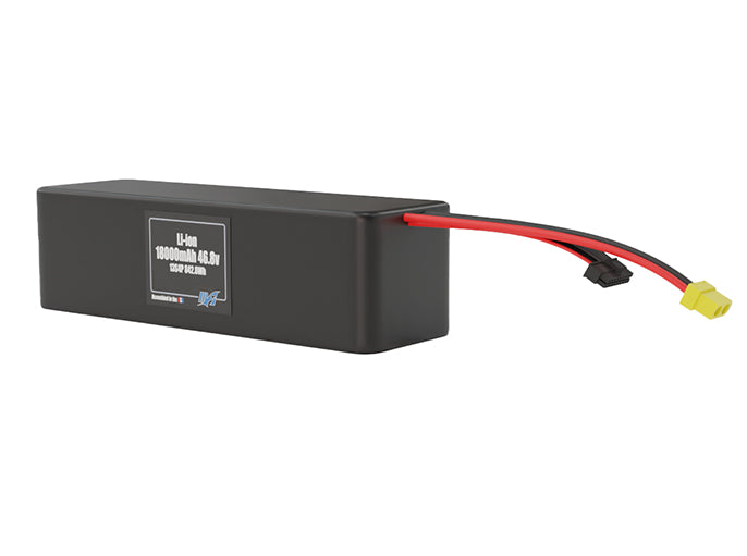 Angled product render of the 18000mAh 52-cell Lithium-ion pack. A lightweight energy source for UAV, drone, and robotic builds.