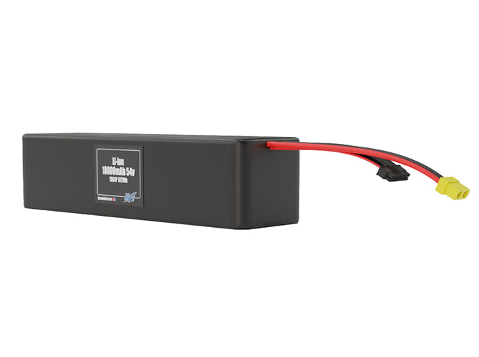 Angled product render of the 18000mAh 60-cell Lithium-ion pack. A lightweight energy source for UAV, drone, and robotic builds.