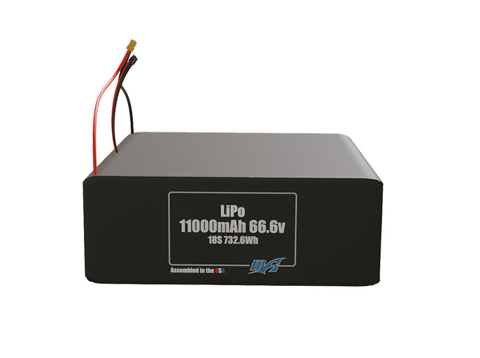Front-facing render of the 66.6V 11000mAh 18S LiPo battery, assembled in the USA by maxamps, for drone and robotics applications.