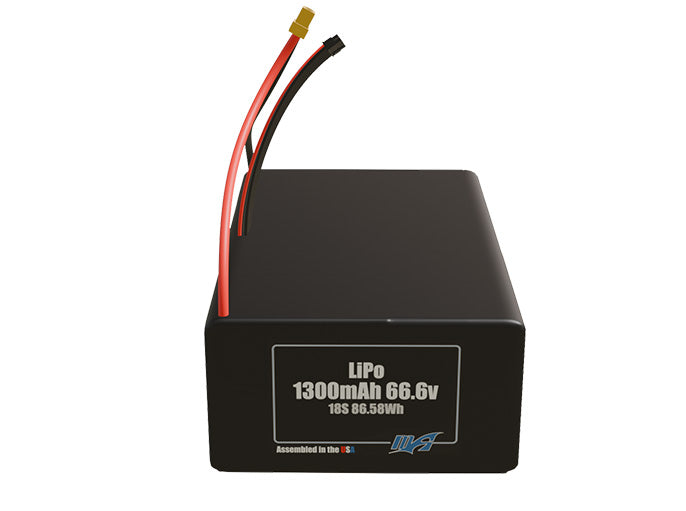 Front-facing render of the 66.6V 1300mAh 18S LiPo battery, assembled in the USA by maxamps, for drone and robotics applications.