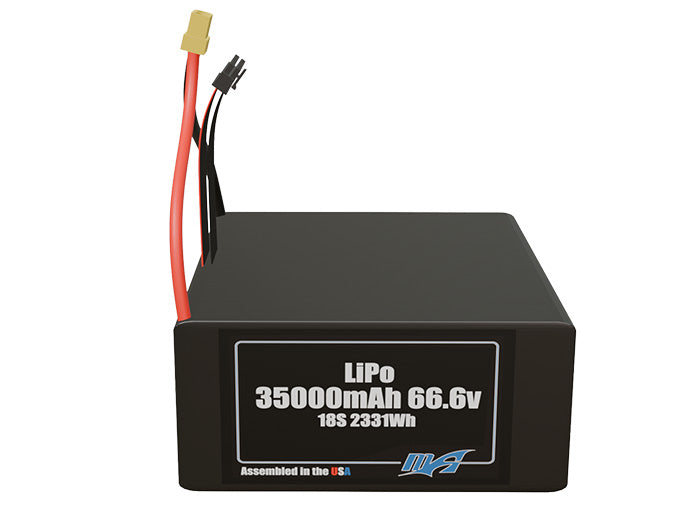 Front-facing render of the 66.6V 35000mAh 18S LiPo battery, assembled in the USA by maxamps, for drone and robotics applications.