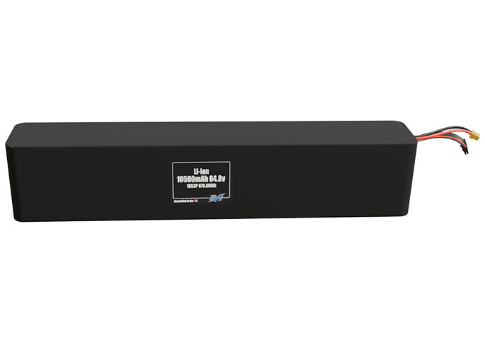 Front-facing render of the 64.8V 10500mAh 18S3P Li-ion battery, assembled in the USA by maxamps, for drone and robotics applications.