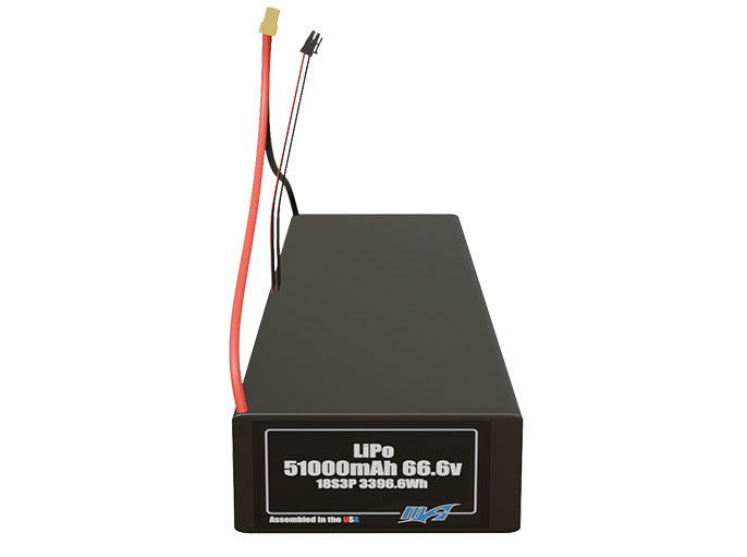 Front-facing render of the 66.6V 51000mAh 18S3P LiPo battery, assembled in the USA by maxamps, for drone and robotics applications.
