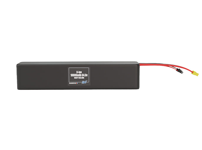 Front-facing render of the 64.8V 18000mAh 18S4P Lithium-Ion battery, assembled in the USA by maxamps, for drone and robotics applications.
