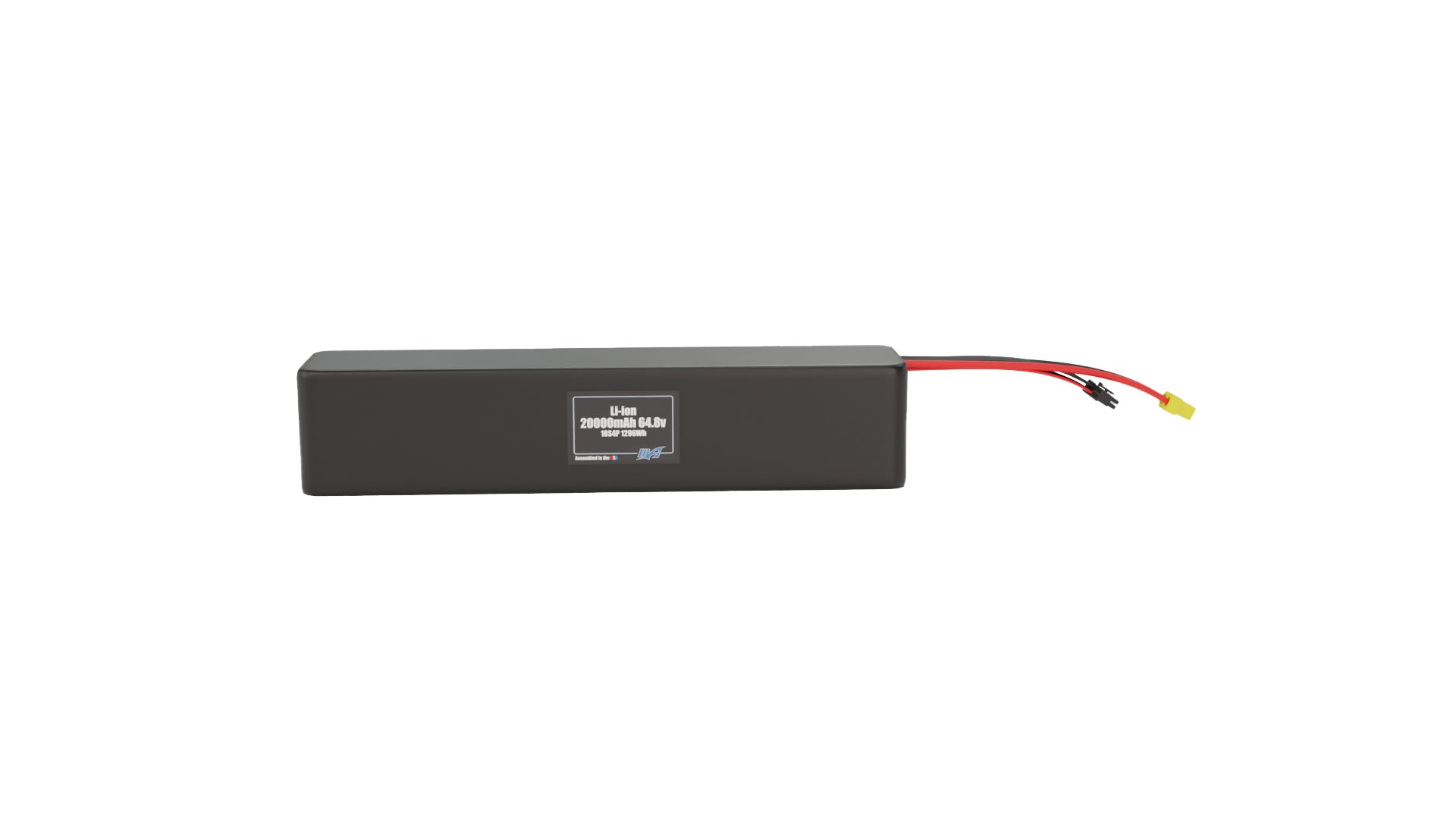 Front-facing render of the 64.8V 20000mAh 18S4P Lithium-Ion battery, assembled in the USA by maxamps, for drone and robotics applications.