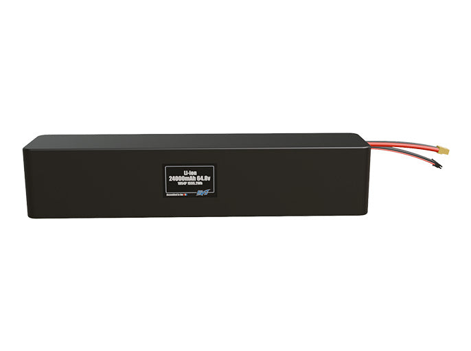 Front-facing render of the 64.8V 24000mAh 18S4P Lithium-Ion battery, assembled in the USA by maxamps, for drone and robotics applications.