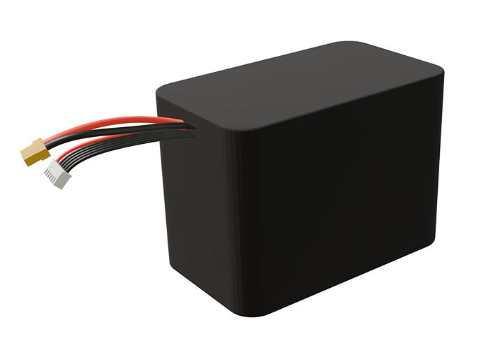 Side-angle render of a 18-volt 10500mAh lithium-ion battery, assembled in the USA for compact UAV, drone, and military robotics platforms.