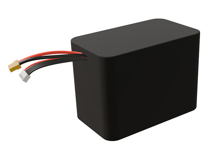 Side-angle render of a 18-volt 13500mAh lithium-ion battery, assembled in the USA for compact UAV, drone, and military robotics platforms.