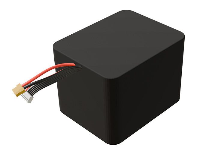 Side-angle render of a 18-volt 14000mAh lithium-ion battery, assembled in the USA for compact UAV, drone, and military robotics platforms.