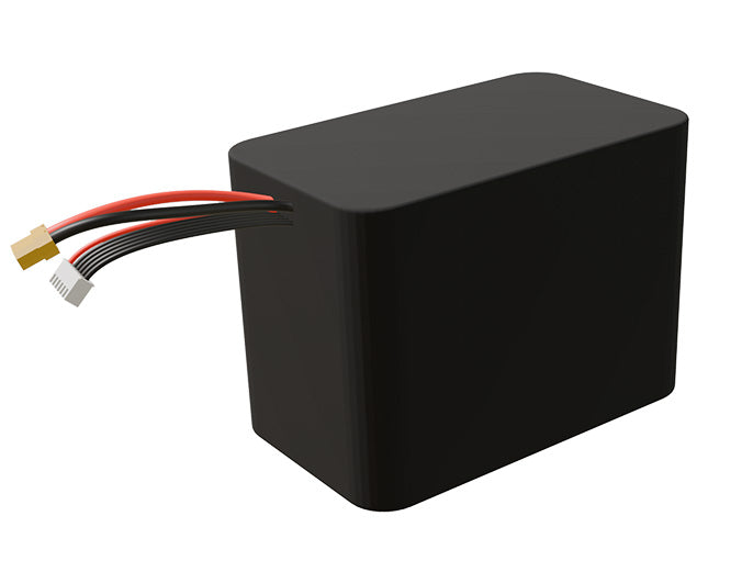 Side-angle render of a 18-volt 15000mAh lithium-ion battery, assembled in the USA for compact UAV, drone, and military robotics platforms.