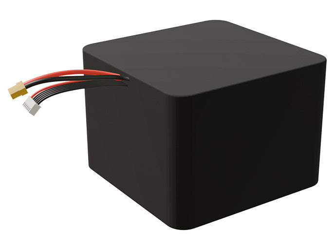 Side-angle render of a 18-volt 25000mAh lithium-ion battery, assembled in the USA for compact UAV, drone, and military robotics platforms.