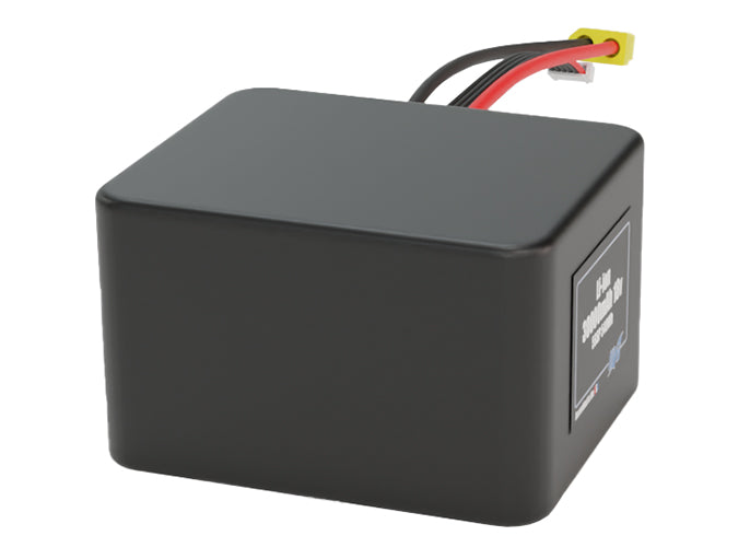 Side-angle render of a 18-volt 30000mAh lithium-ion battery, assembled in the USA for compact UAV, drone, and military robotics platforms.