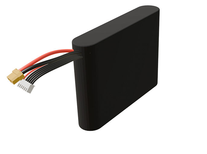 Side-angle render of a 18-volt 4500mAh lithium-ion battery, assembled in the USA for compact UAV, drone, and military robotics platforms.