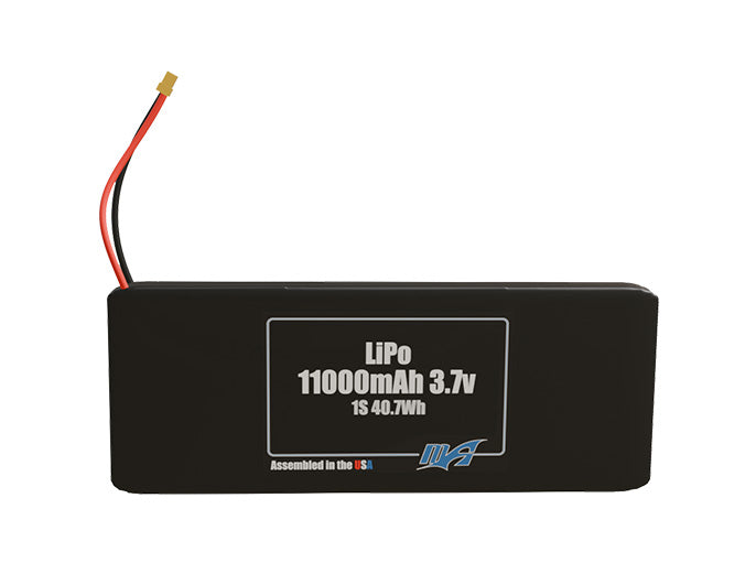 Front-facing render of the 3.7V 11000mAh 1S LiPo battery, assembled in the USA by maxamps, for drone and robotics applications.