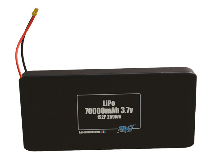 Front-facing render of the 3.7V 70000mAh 1S2P LiPo battery, assembled in the USA by maxamps, for drone and robotics applications.