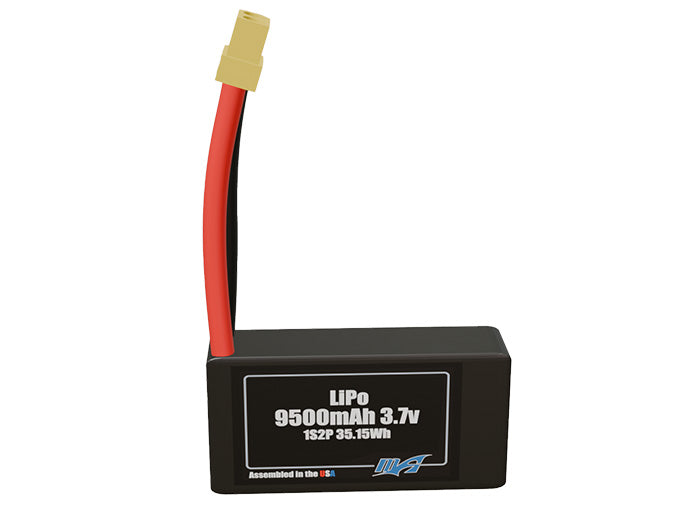 Front-facing render of the 3.7V 9500mAh 1S2P LiPo battery, assembled in the USA by maxamps, for drone and robotics applications.