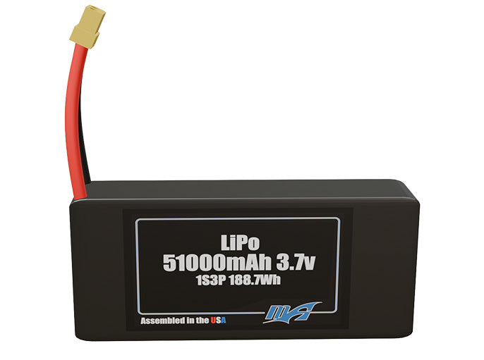 Front-facing render of the 3.7V 51000mAh 1S3P LiPo battery, assembled in the USA by maxamps, for drone and robotics applications.