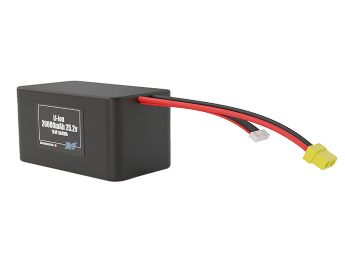 Angled product render of the 20000mAh 28-cell Lithium-ion pack. A lightweight energy source for UAV, drone, and robotic builds.