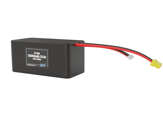 Angled product render of the 20000mAh 32-cell Lithium-ion pack. A lightweight energy source for UAV, drone, and robotic builds.