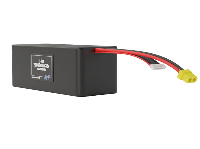 Angled product render of the 20000mAh 40-cell Lithium-ion pack. A lightweight energy source for UAV, drone, and robotic builds.