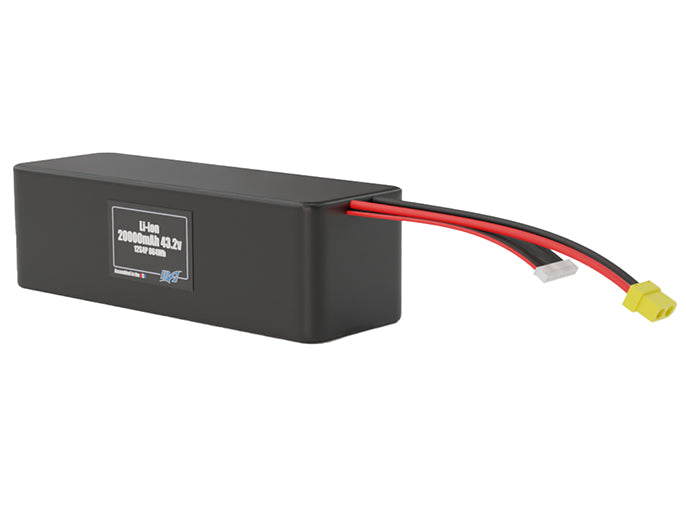 Angled product render of the 20000mAh 48-cell Lithium-ion pack. A lightweight energy source for UAV, drone, and robotic builds.