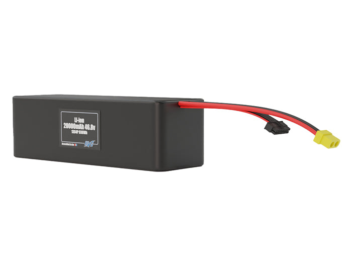 Angled product render of the 20000mAh 52-cell Lithium-ion pack. A lightweight energy source for UAV, drone, and robotic builds.
