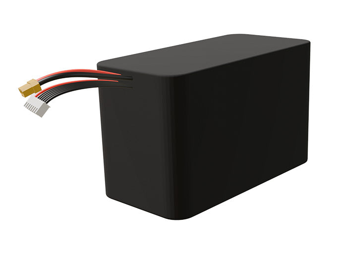 Side-angle render of a 21.6-volt 10500mAh lithium-ion battery, assembled in the USA for compact UAV, drone, and military robotics platforms.