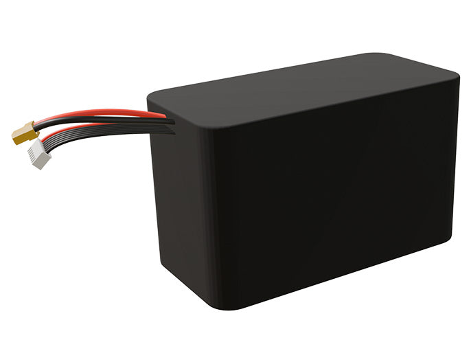 Side-angle render of a 21.6-volt 15000mAh lithium-ion battery, assembled in the USA for compact UAV, drone, and military robotics platforms.
