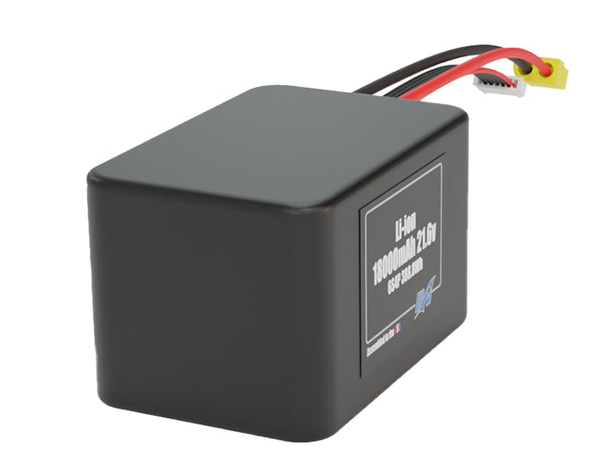 Side-angle render of a 21.6-volt 18000mAh lithium-ion battery, assembled in the USA for compact UAV, drone, and military robotics platforms.