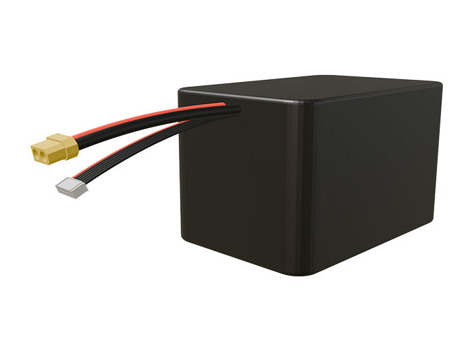 Side-angle render of a 21.6-volt 24000mAh lithium-ion battery, assembled in the USA for compact UAV, drone, and military robotics platforms.