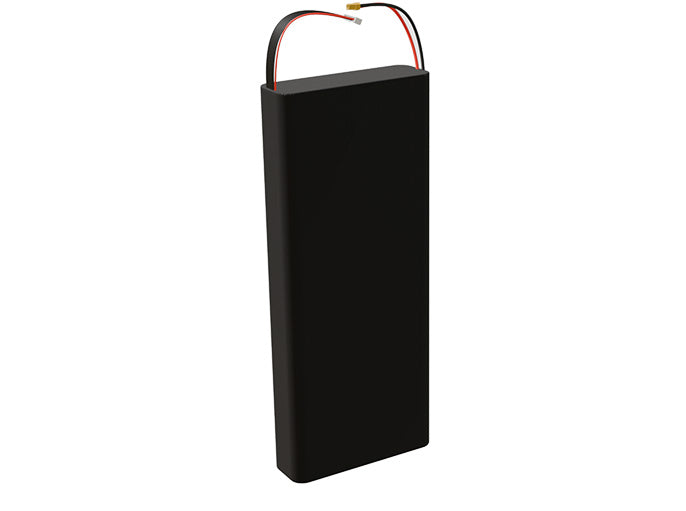 Side-angle render of a 21.6-volt 36000mAh lithium-ion end to end battery, assembled in the USA for compact UAV, drone, and military robotics platforms.