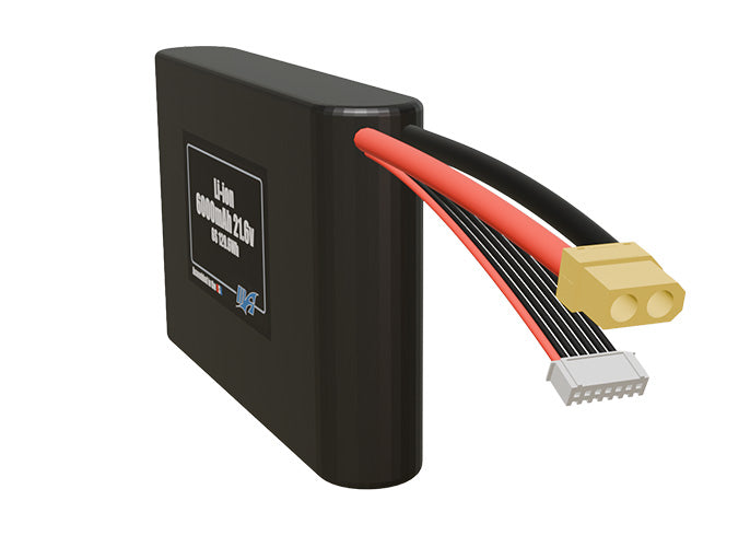 Side-angle render of a 21.6-volt 6000mAh lithium-ion battery, assembled in the USA for compact UAV, drone, and military robotics platforms.