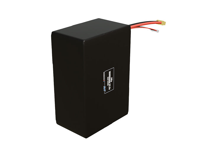 Side-angle render of a 22.2v 10900mAh lithium-polymer battery, assembled in the USA for compact UAV, drone, and military robotics platforms.